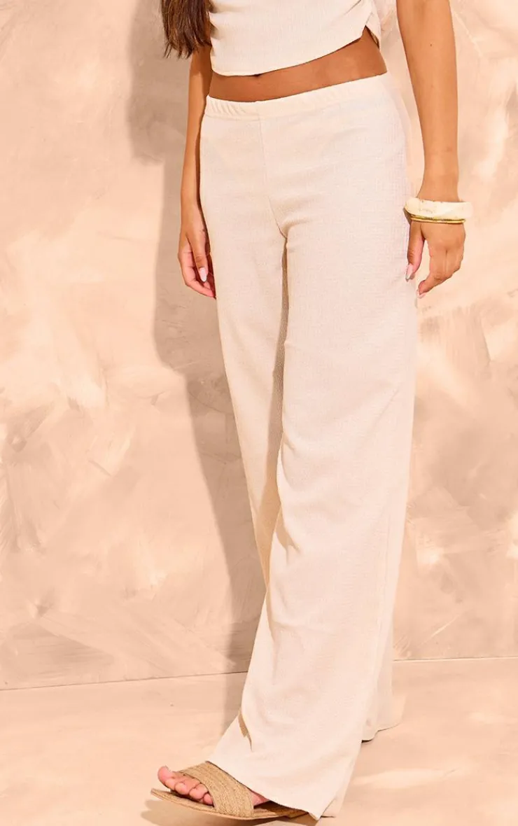 Sale PrettyLittleThing Texture Wide Leg Pants Cream