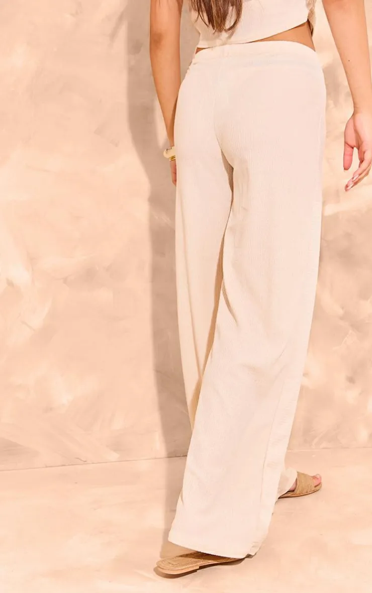 Sale PrettyLittleThing Texture Wide Leg Pants Cream