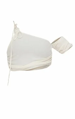 Best PrettyLittleThing Textured Asymmetric One Shoulder Crop Top Cream