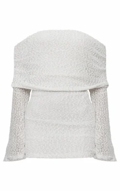 Textured Bardot Flare Long Sleeve Mini Dress-PrettyLittleThing Hot