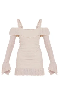 Textured Bardot Frill Hem Bodycon Dress-PrettyLittleThing Discount