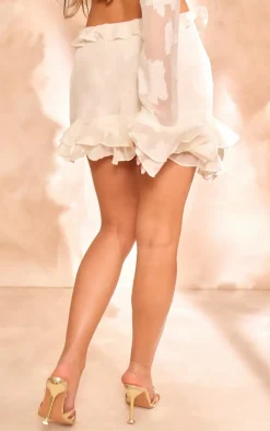 Outlet PrettyLittleThing Textured Chiffon Tie Side Frilly Mini Skirt Cream