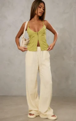 Cream Textured Cotton Cheesecloth Drawstring Waist Pant