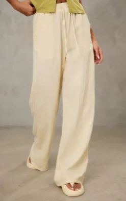 Cream Textured Cotton Cheesecloth Drawstring Waist Pant