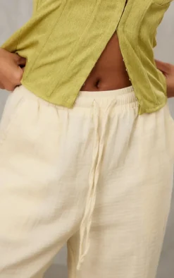Cream Textured Cotton Cheesecloth Drawstring Waist Pant