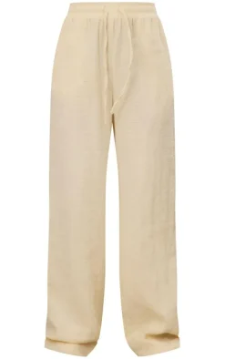 Cream Textured Cotton Cheesecloth Drawstring Waist Pant
