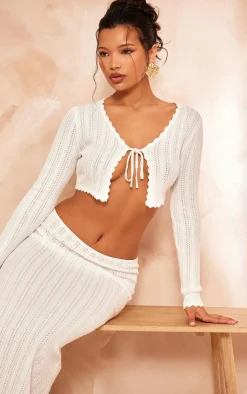 Online PrettyLittleThing Textured Crochet Knit Tie Front Top Cream