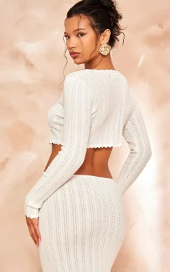 Online PrettyLittleThing Textured Crochet Knit Tie Front Top Cream