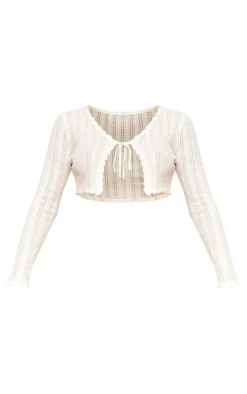Online PrettyLittleThing Textured Crochet Knit Tie Front Top Cream