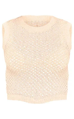 PrettyLittleThing Knitted Tops*Textured Crochet Tie Detail Racer Neck Top