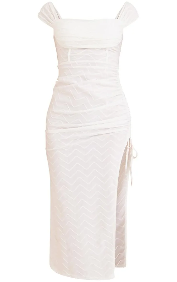 Textured Cup Detail Ruched Bardot Midi Dress-PrettyLittleThing Sale