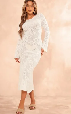 Textured Floral Lace Up Back Flared Sleeve Midi Dress-PrettyLittleThing Outlet