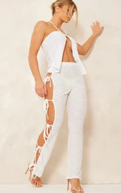Cream Textured Jersey Tie Leg Flares