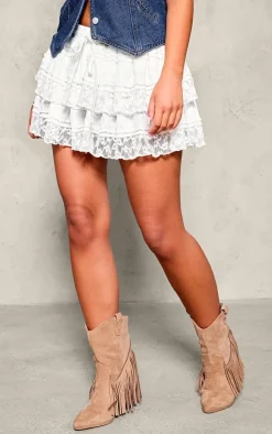 Cream Textured Lace Tiered Mini Skirt