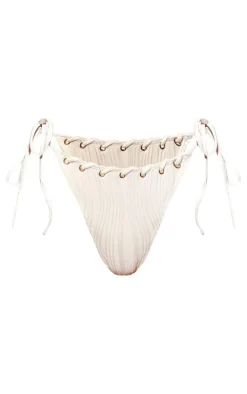 Cream Textured Lace Up Detail Tie Side Bikini Bottoms