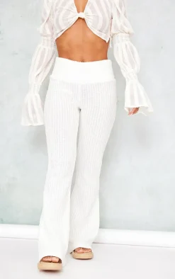 Cream Textured Ladder Detail Flare Pants