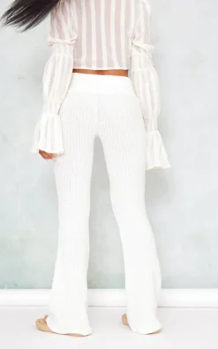Cream Textured Ladder Detail Flare Pants