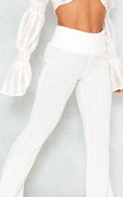 Cream Textured Ladder Detail Flare Pants