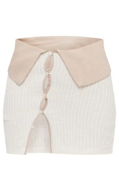 Clearance PrettyLittleThing Textured Laddered Fold Over Button Mini Skirt Cream