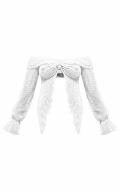 Cream Textured Long Sleeve Bardot Crop Top