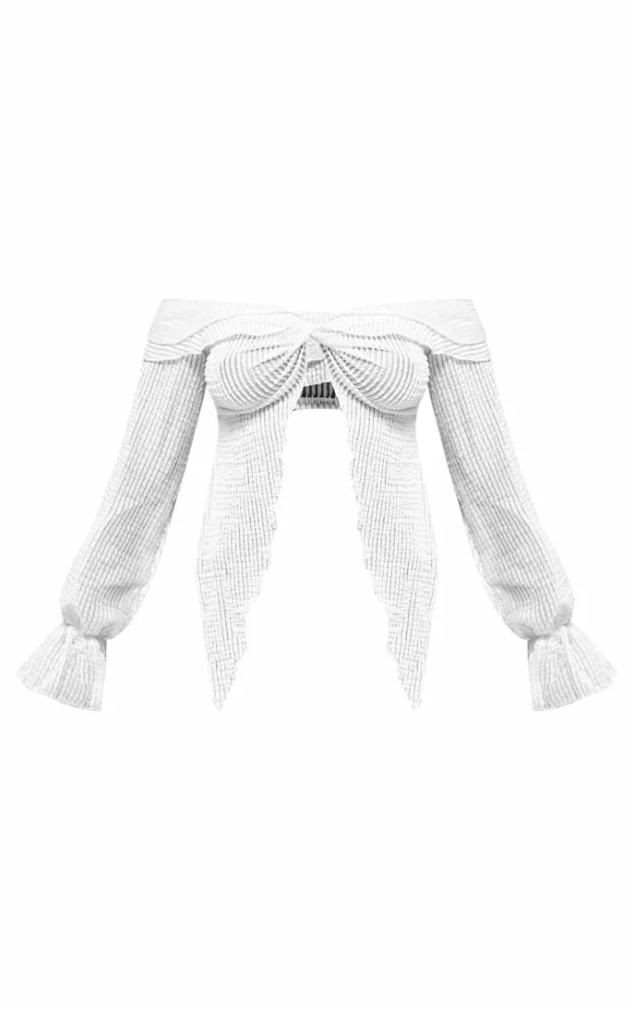 Cream Textured Long Sleeve Bardot Crop Top