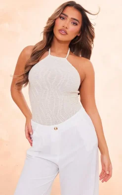 Cream Textured Mesh Halter Tie Bodysuit
