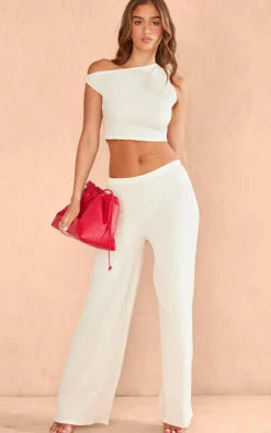 Discount PrettyLittleThing Textured Mid Waist Wide Leg Pants Cream