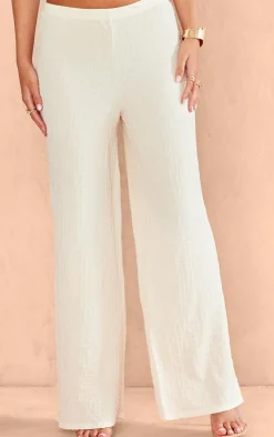 Discount PrettyLittleThing Textured Mid Waist Wide Leg Pants Cream