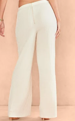 Discount PrettyLittleThing Textured Mid Waist Wide Leg Pants Cream