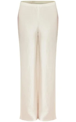 Discount PrettyLittleThing Textured Mid Waist Wide Leg Pants Cream