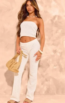 Online PrettyLittleThing Textured Rib Flare Pants Cream