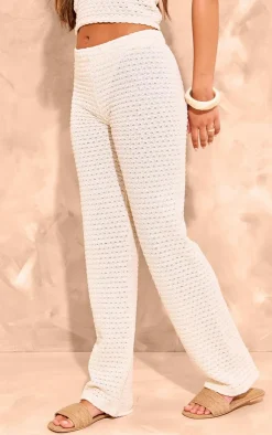 Online PrettyLittleThing Textured Rib Flare Pants Cream