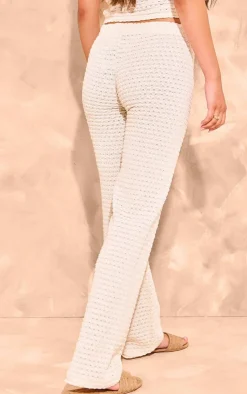 Online PrettyLittleThing Textured Rib Flare Pants Cream