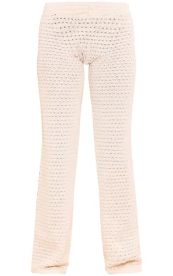 Online PrettyLittleThing Textured Rib Flare Pants Cream