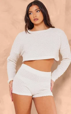Online PrettyLittleThing Textured Rib Hot Pants Cream