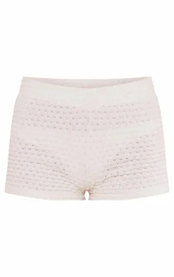 Online PrettyLittleThing Textured Rib Hot Pants Cream
