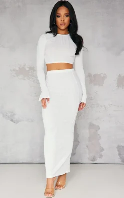 Discount PrettyLittleThing Textured Rib Low Rise Midi Skirt Cream