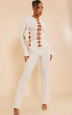 Hot PrettyLittleThing Textured Ring Front Flare Pants Cream