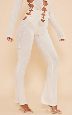 Hot PrettyLittleThing Textured Ring Front Flare Pants Cream