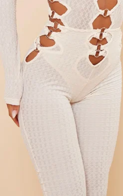 Hot PrettyLittleThing Textured Ring Front Flare Pants Cream