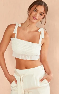 Cream Textured Ruffle Crop Top