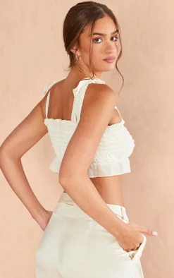 Cream Textured Ruffle Crop Top