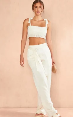 Cream Textured Ruffle Crop Top