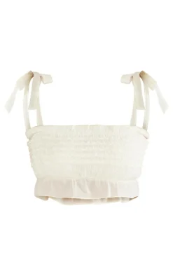 Cream Textured Ruffle Crop Top