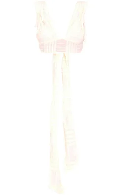 Cream Textured Ruffle Plunge Tie Back Top