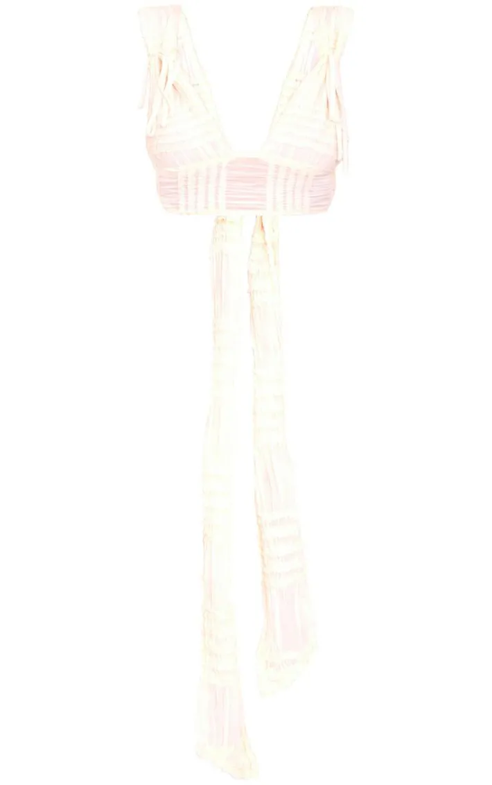 Cream Textured Ruffle Plunge Tie Back Top