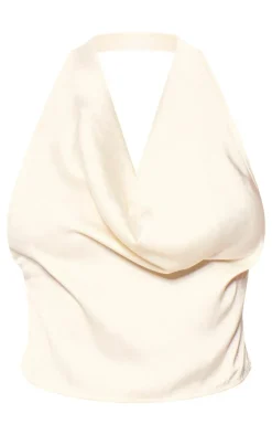 Sale PrettyLittleThing Textured Satin Cowl Open Back Longline Top Cream