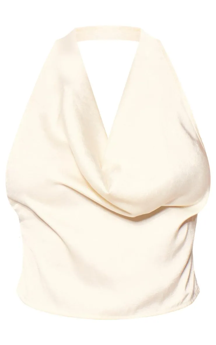 Sale PrettyLittleThing Textured Satin Cowl Open Back Longline Top Cream
