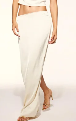 PrettyLittleThing Textured Satin Low Rise Maxi Skirt Cream