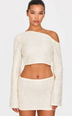 New PrettyLittleThing Textured Sequin Long Sleeve Top Cream